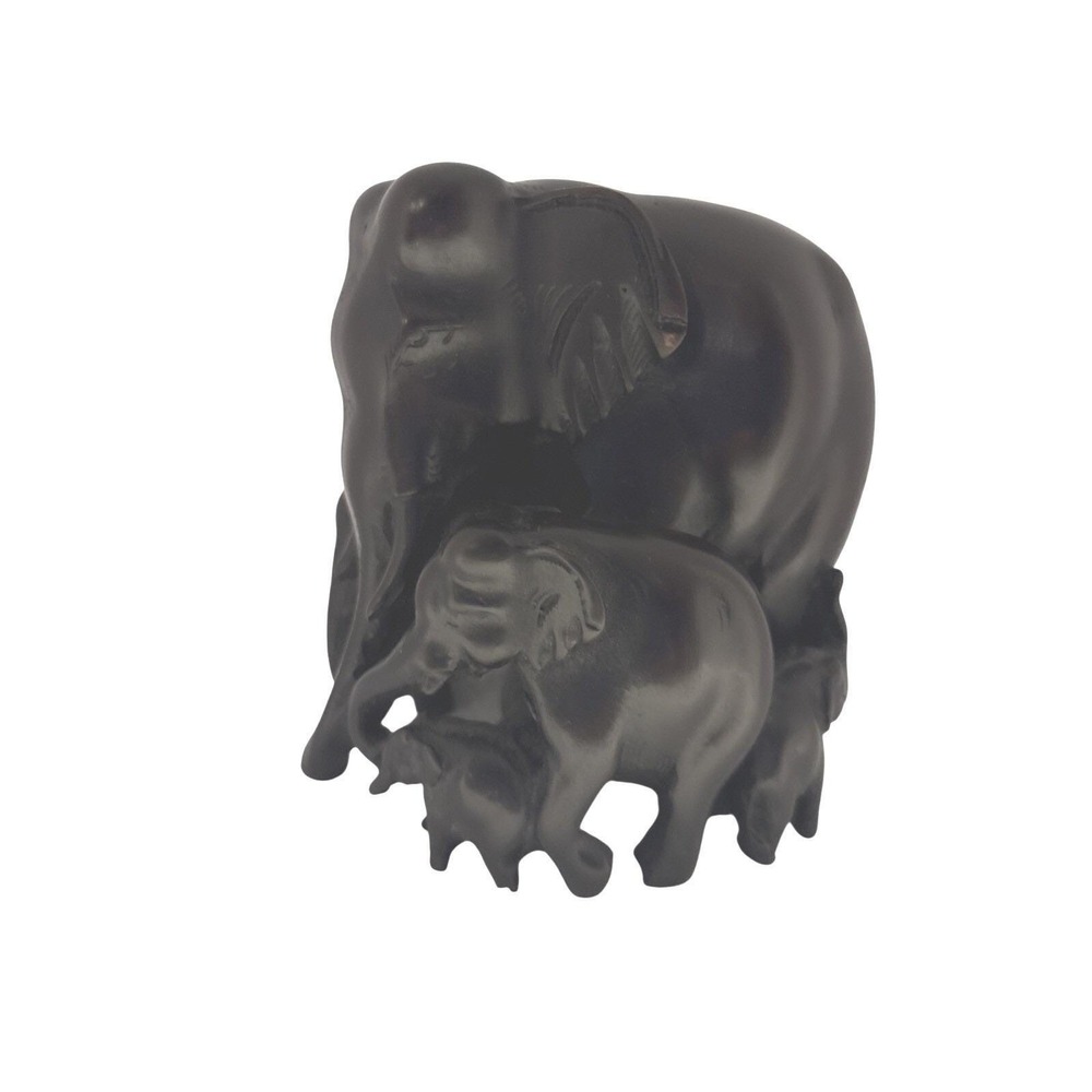 Carved Ebony Elephant Family Figurine Collectible Decor Piece